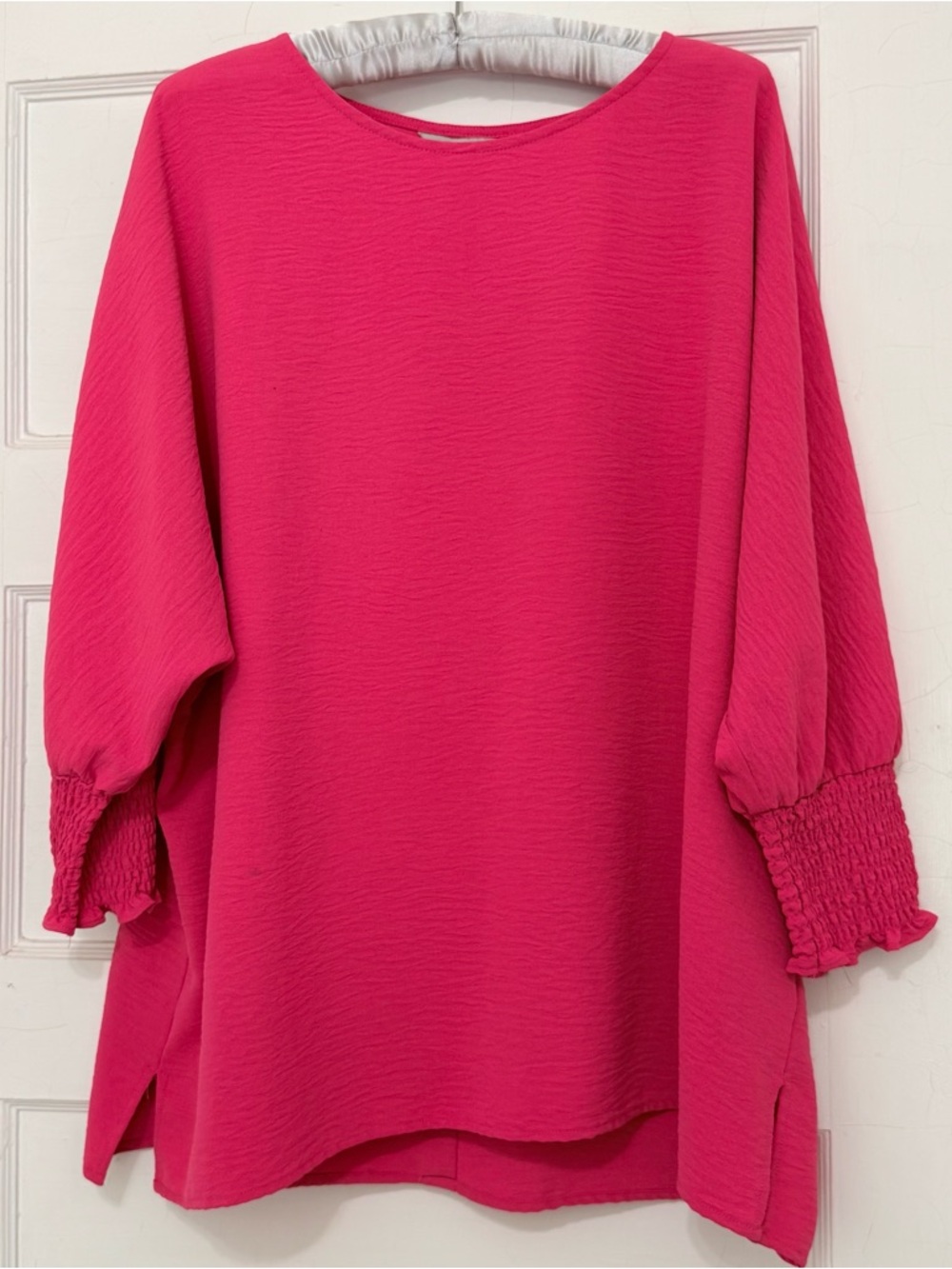 Multiples Blouse Hot Pink Magenta XL Scoop Neck Gathered Sleeves Faux Buttons